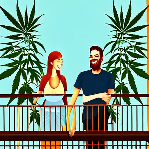 Image similar to couple happy on balcony. huge marijuana plant on balcony. sunny day. centered median photoshop filter cutout vector behance artgem hd jesper ejsing!