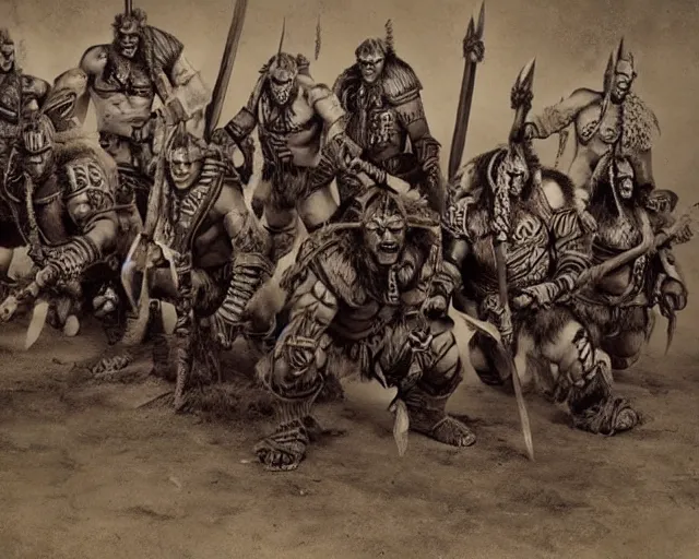 Image similar to group vintage photograph of a warrior orc tribe, highly detailed, warhammer, warcraft