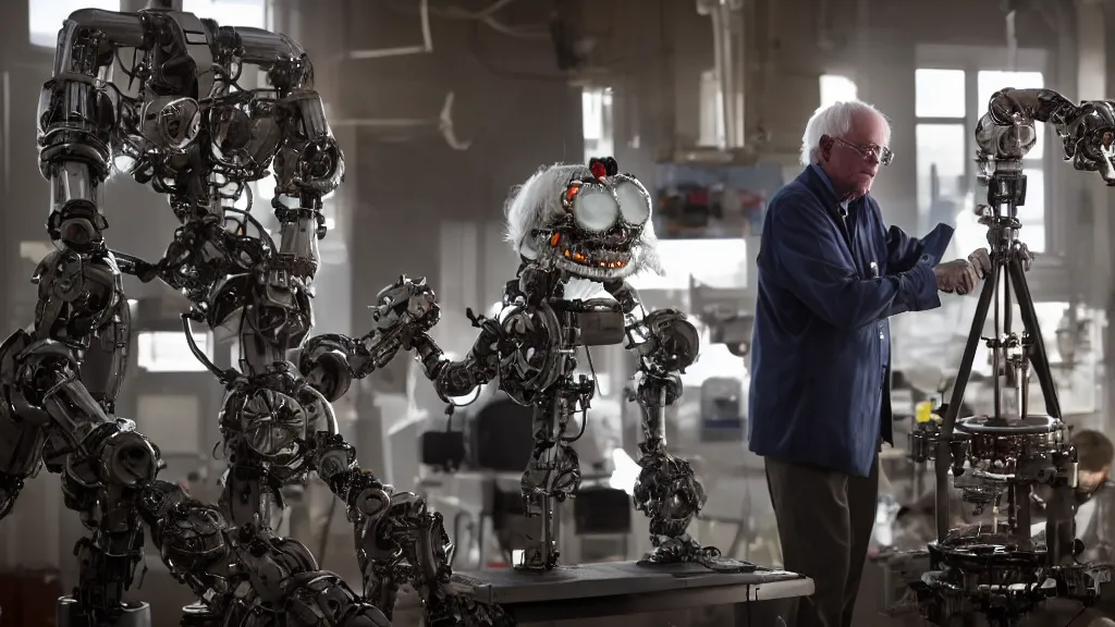 Image similar to bernie sanders putting the finishing touches on a ( ( cute ) ) clockwork doomsday robot, cinematic moody lighting, sharp focus, imax