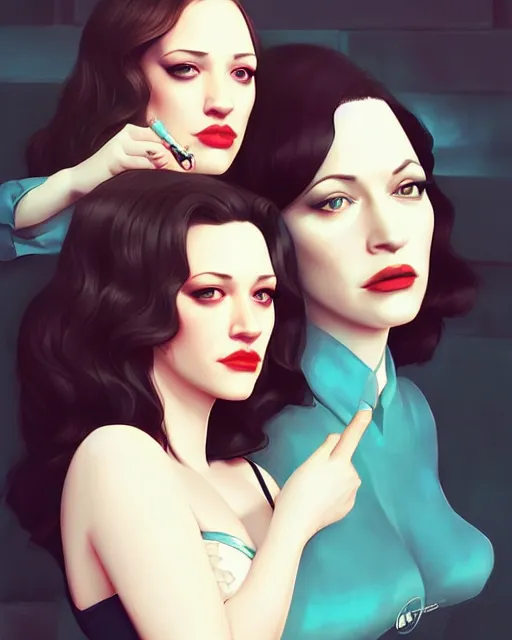 Prompt: kat dennings christina hendricks jennifer tilly, in a dress, by wlop and ilya kuvshinov and artgerm