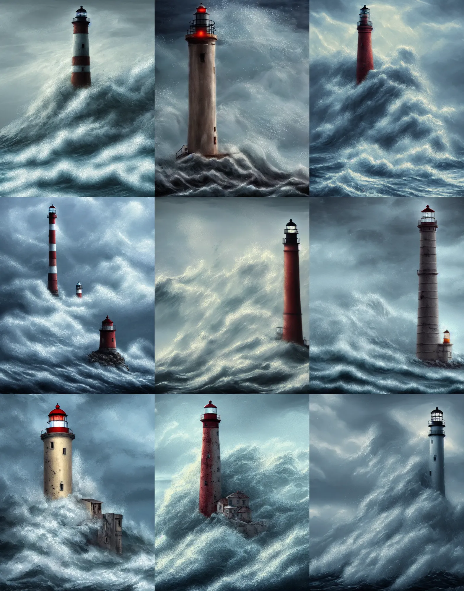 Prompt: dilapidated lighthouse being battered by waves in a storm. intricate artwork by artstation.