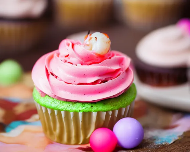 Image similar to dslr food photograph of a cupcake with colored frosting and a shrimp on top, 5 0 mm f 1. 4