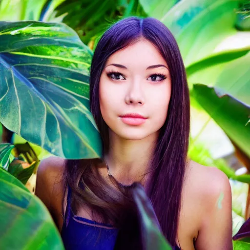 Prompt: a very beautiful!! young woman is posing for a photograph, petzval lens. symetric face. sharp face. in a tropical greenhouse. featured on flickr, art photography, photo taken with provia,