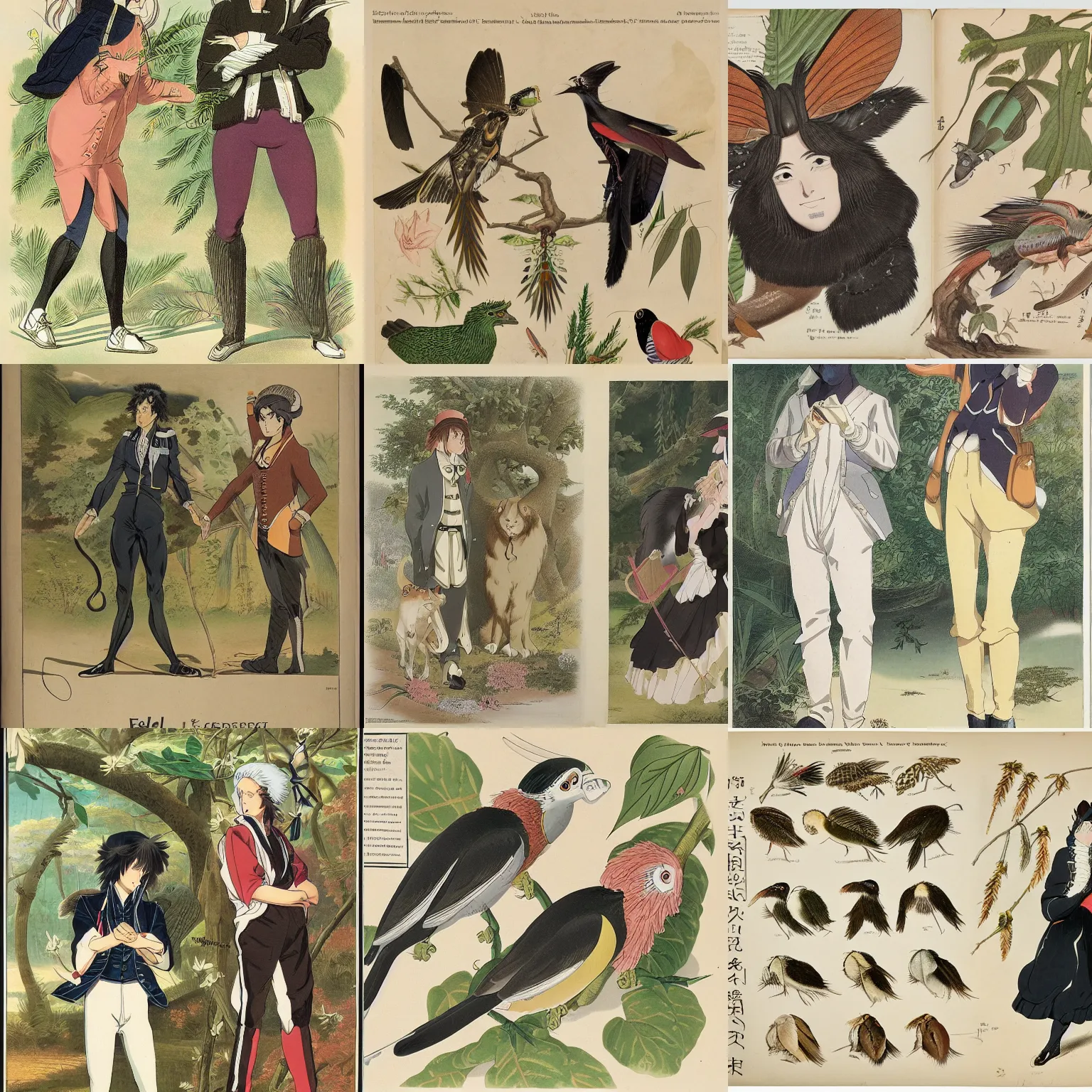 Prompt: field guide for identifying diffrent species of anime, showing an example of a male and female of each species, by john james audubon