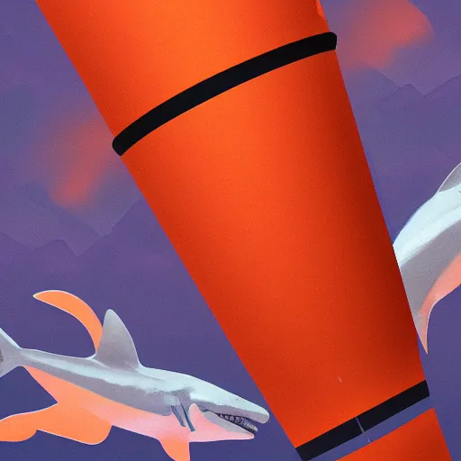 Prompt: orange traffic cone with shark teeth, ocean background detailed atmospheric - ron cheng & alphonse mucha, highly detailed, digital painting, ray tracing, concept art, illustration, smooth sharp focus, intricate, symmetry, artstation,