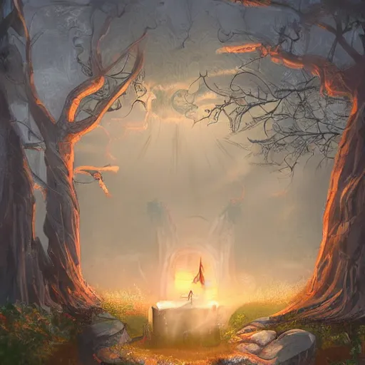 Image similar to Forest at night with a stone portal leading into a sunny world. Gloomy, forest at night. Highly detailed, trending on artstation.