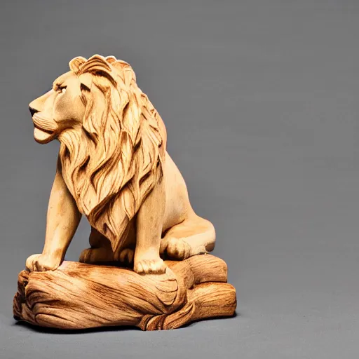 Prompt: a wood sculpture of a lion sitting on a wooden desk, night, macro photography 35mm