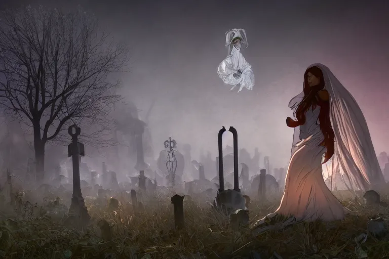 Prompt: an ultra detailed animation of an invisible ghost bride in a graveyard at midnight on halloween, digital art, dark fantasy, concept art, soulslike, by alphonse mucha, blood moon eclipse, ruined building in the background, artstation, 8 k, unreal engine render