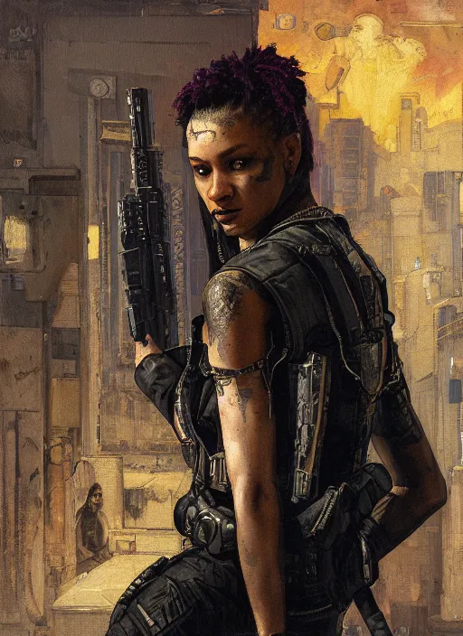 Image similar to maria igwe. cyberpunk mercenary with tattoos wearing a military vest and combat jumpsuit. (Cyberpunk 2077, bladerunner 2049). Iranian orientalist portrait by john william waterhouse and Edwin Longsden Long and Theodore Ralli and Nasreddine Dinet, oil on canvas. Cinematic, hyper realism, realistic proportions, dramatic lighting, high detail 4k