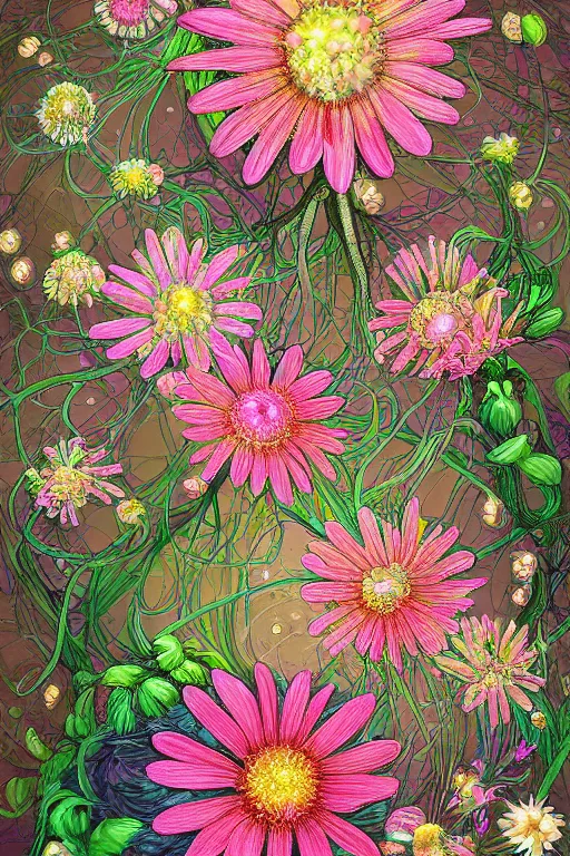 Prompt: beautiful digital matter cinematic painting of whimsical botanical illustration daisies and pearls by alex grey artstation
