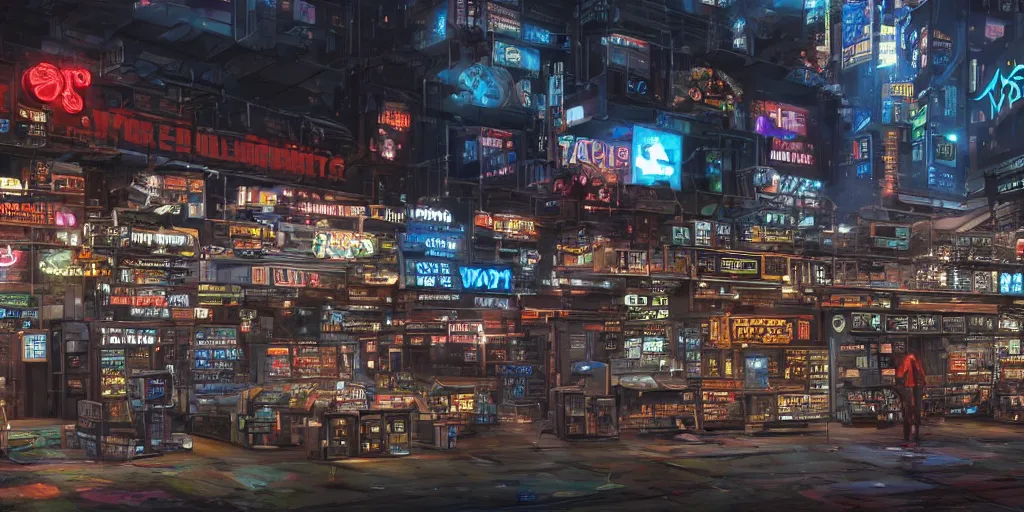 Prompt: a gritty cyberpunk Blockbuster Video marketplace