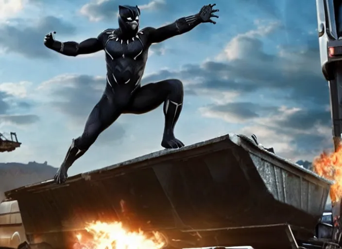 Prompt: Black Panther working as a garbage man hanging from a garbage truck in the new avengers movie, 4k