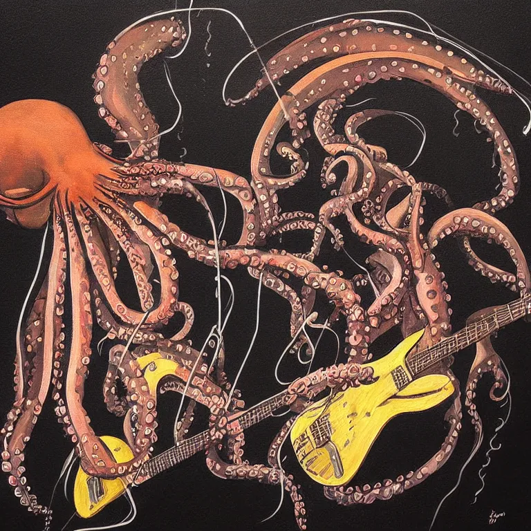 Image similar to a beautiful painting by antonio segura donat of a couple of octopus playing drums and telecaster guitar in an electronic concert, black background, concert light, dark mood, warm lights