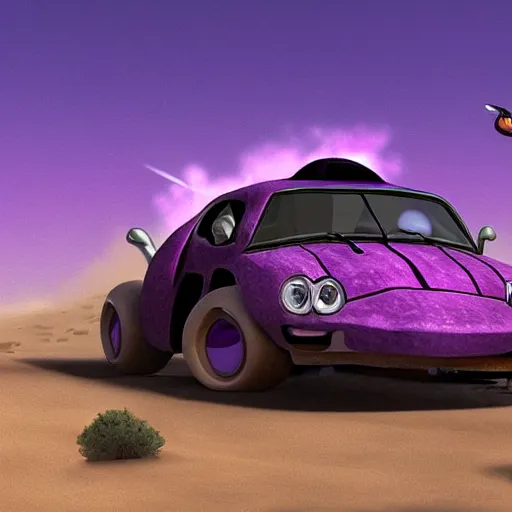 Prompt: turtle driving a fast purple car in the desert, trending on artstation, cinematic