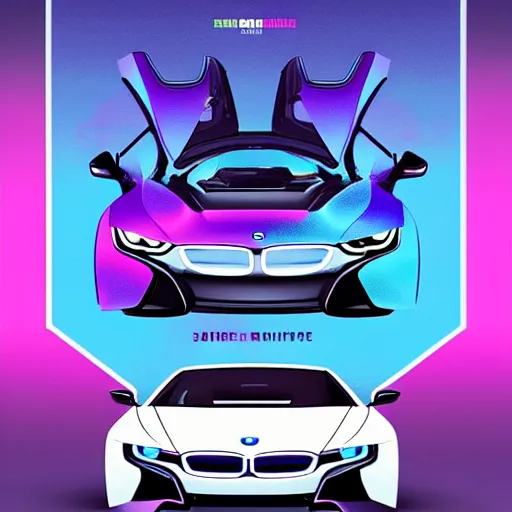 Image similar to a synthwave poster with bmw i 8