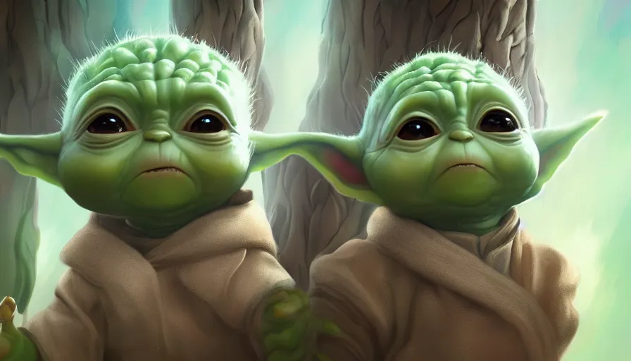 Prompt: Digital painting of Baby Yoda talking with Groot, hyperdetailed, artstation, cgsociety, 8k