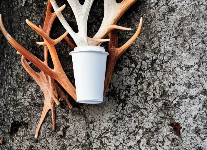 Image similar to a large styrofoam cup with four point antlers growing out of it, photography, high definition