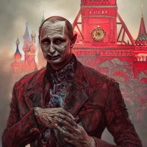 Image similar to zombie Putin in Red Square, fantasy, intricate, highly detailed, digital painting, artstation, concept art, smooth, sharp focus, illustration, art by artgerm and greg rutkowski and alphonse mucha