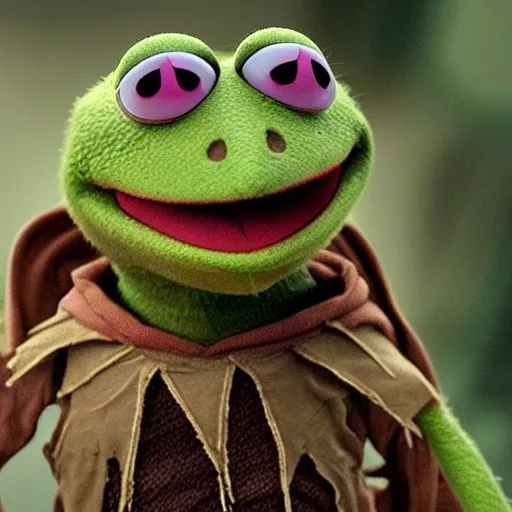 Prompt: still of kermit the frog in the dark crystal