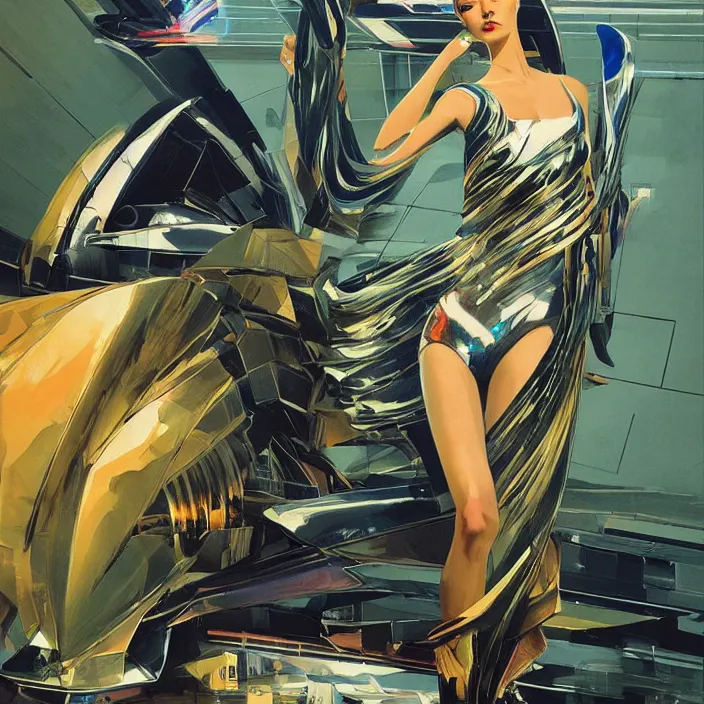 Image similar to shenzhen queen, full body, high fashion, futurism, aerodynamic, flowing, intricate, slick, highly detailed, digital painting, vogue, concept art, smooth, sharp focus, hd, art by syd mead and john berkey and annie leibovitz