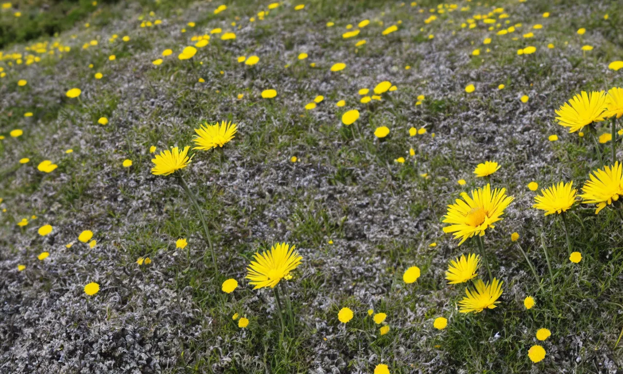 Image similar to a fluffy bee pollinating a yellow daisy, cliffs of moir visible in background. close up photograph, shallow depth of field, overcast day, kodachrome, mid angle