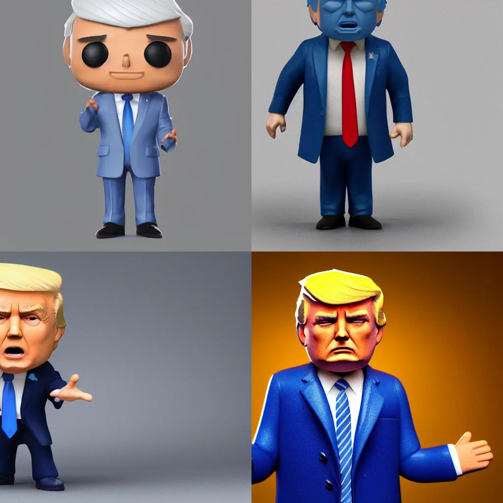 Prompt: full body 3d render of donald trump as a funko pop, studio lighting, grey background, blue suit, center focus, single person, no shadow, blender, trending on artstation, 8k, highly detailed