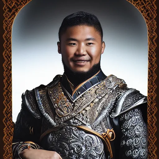 Prompt: ultra - detailed portrait photo of tai smart and handsome warlord who sits on the throne. he looks forward and think of writing something on his tablet in his hand. he is smiling with his ideas and look to the camera that is right in front of him. lighting dim