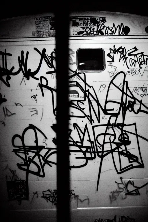 Image similar to subway cabin inside all in graffiti, man in stussy jacket closeup writing graffiti, night, film photography, exposed b & w photography, christopher morris photography