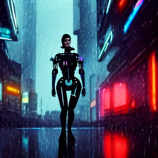 Prompt: jennifer connely as a cyborg in a cyberpunk movie in a distopic futuristic city in the style of bladerunner, movie still, highly detailed, rainy night, volumetric lights, dramatic, scifi