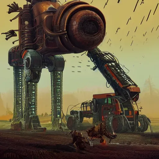 Image similar to giant scary quadrupedal mining machine with drill, four legs, highly detailed body, retro, industrial, dark, dystopian, apocalyptic, in the style of simon stalenhag