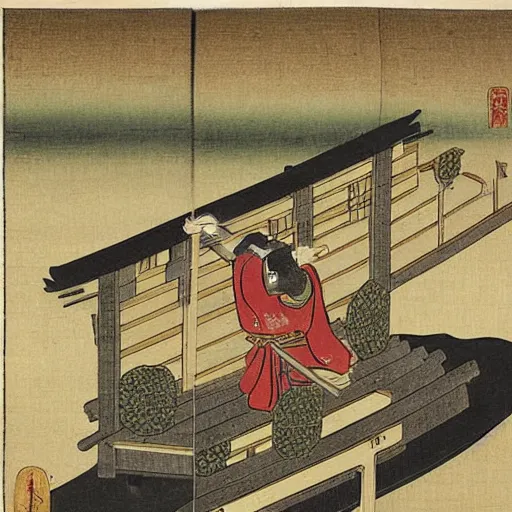 Prompt: 16th century Japanese illustration of the shogun on fire