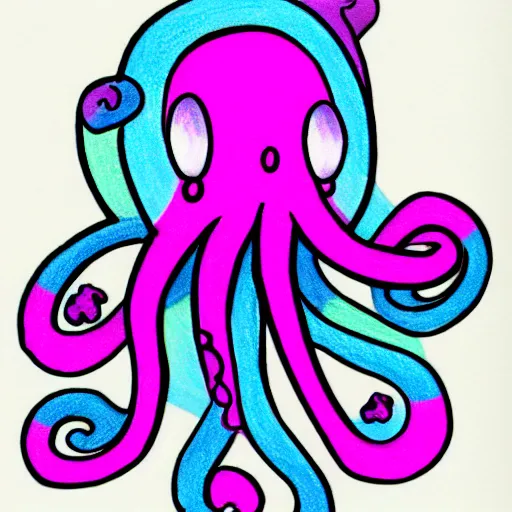 Image similar to multicolor drawing of a sad octopus wearing a pink hatin 4 k ultra high resolution, with arcane style with depressive feeling