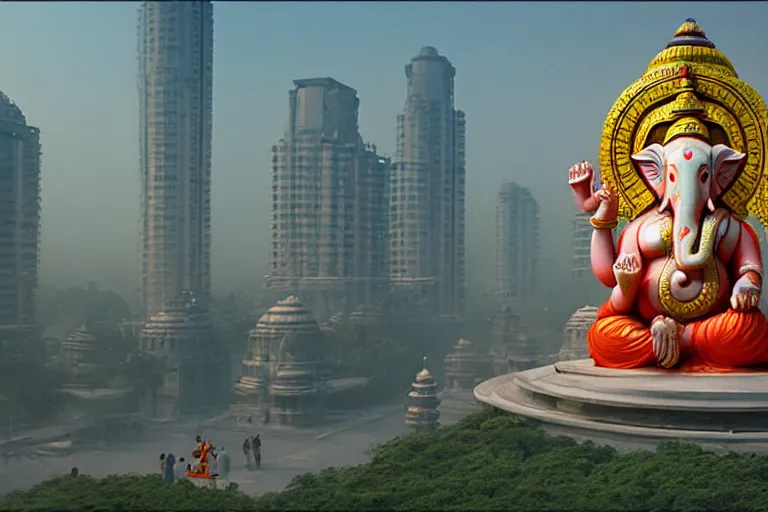 Image similar to beautiful futuristic new delhi, sci - fi ganesha!! building, kalighat flowers, octane highly detailed cinematic, stephen shore & john j. park, soft morning light, wide shot, aerial shot, uhd 8 k, shallow depth of field