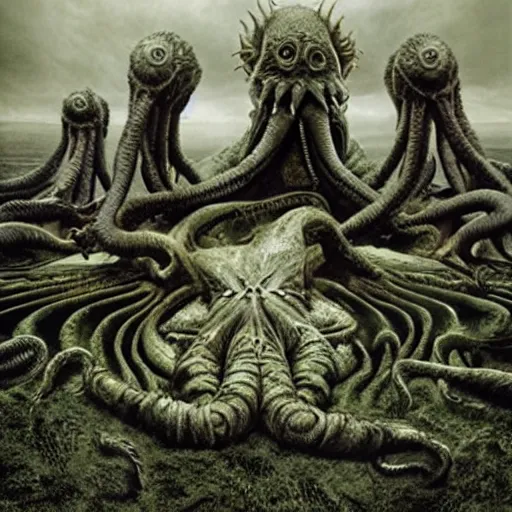Prompt: invoking ritual of a cthulhu in a large landscape, photography by annie leibovitz