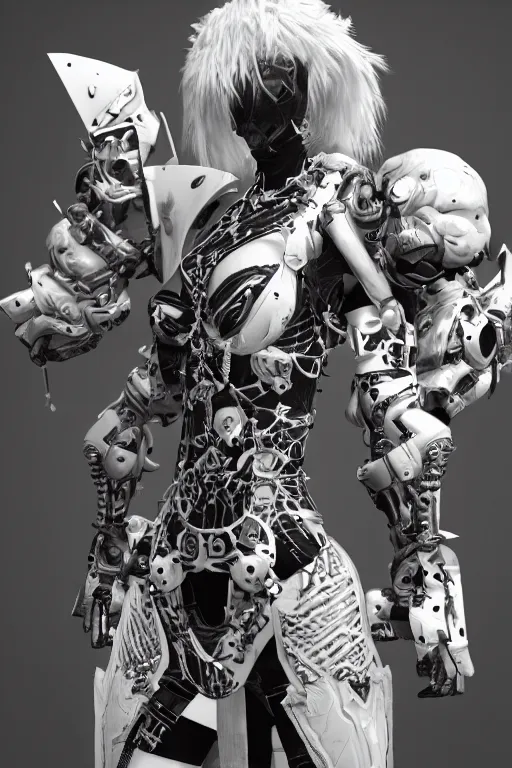 Image similar to white cyborg fashion shot, maasai punk warriors, fractal decorations, unreal engine, trending on artstation,