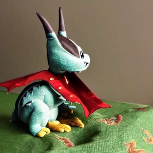 Image similar to adorable dragon in the style of how to train your dragon sitting on top of fabric bolts with a sewing machine