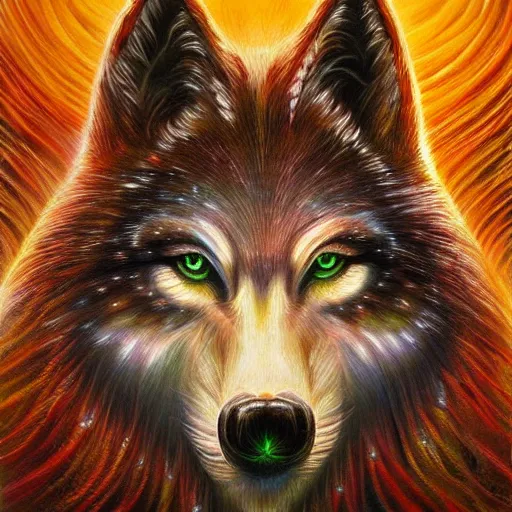 Prompt: enlightened spirit wolf teacher by MICHAEL DIVINE and by AMANDA SAGE in the style of oil painting visionary art, trending on artstation, very coherent symmetrical artwork, oil painting