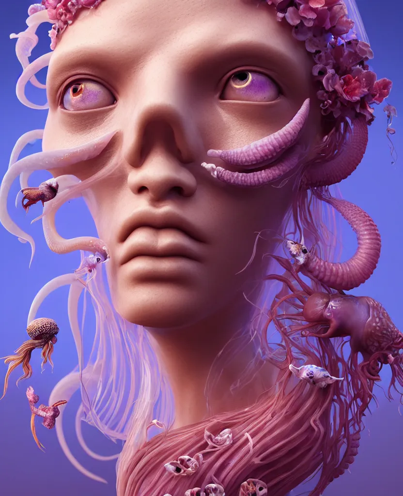 Image similar to goddess princess beautiful face close-up portrait ram skull zbrush sculpt. jellyfish phoenix head, nautilus, orchid, skull, betta fish, bioluminiscent creatures, intricate artwork by Tooth Wu and wlop and beeple. octane render, trending on artstation, greg rutkowski very coherent symmetrical artwork. cinematic, hyper realism, high detail, octane render, 8k