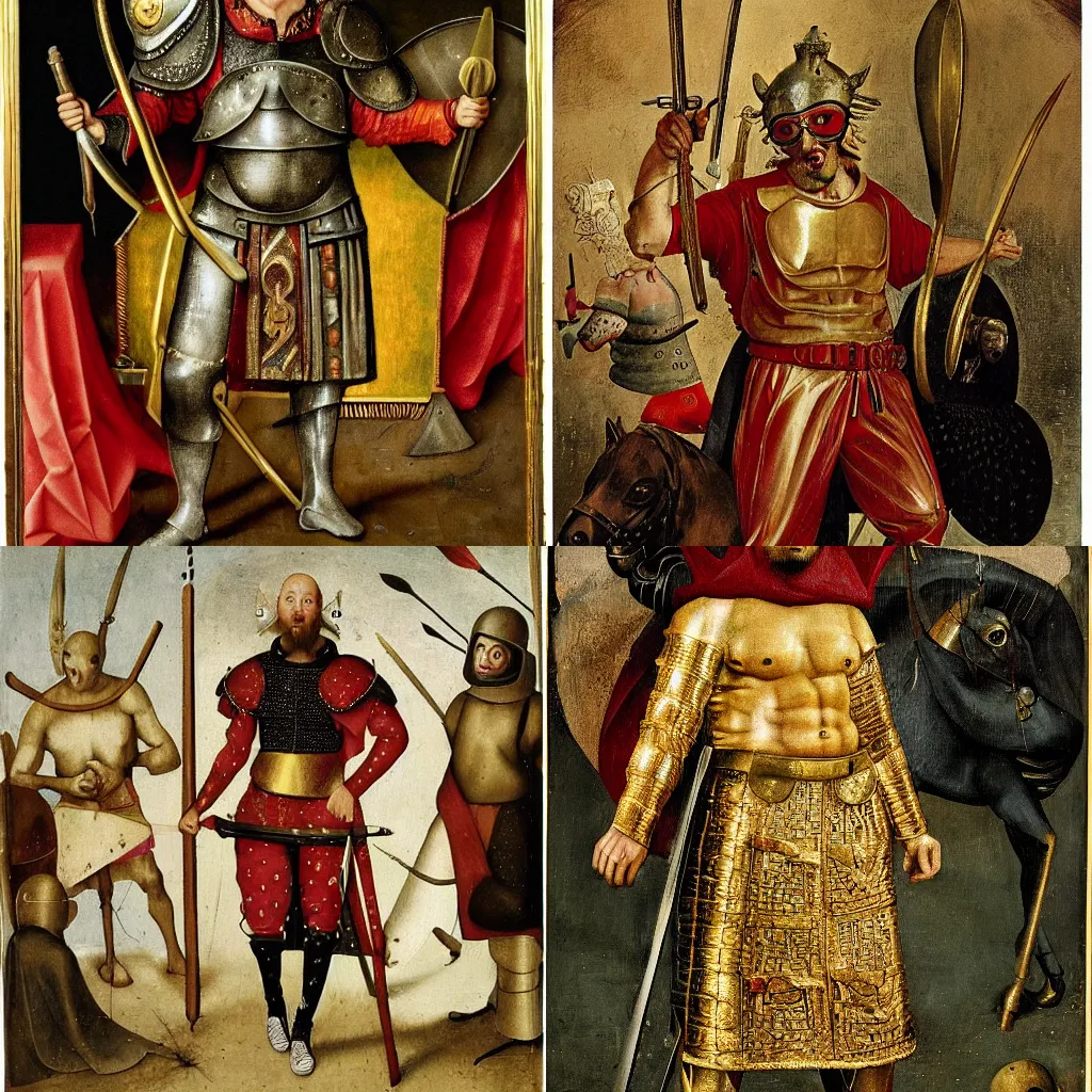 Prompt: Sam Hyde wearing high-end Roman warrior suit, gold and red intricate manly details, by Hieronymus Bosch, sigma male, horror theme