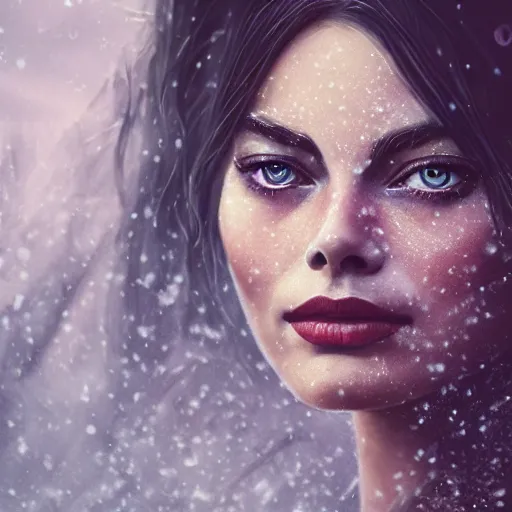 Image similar to a beautiful ultradetailed fantasy character portrait of margot robbie as a geisha wielding a sword by zach sutton and charlie bowater, catchlight in the eyes, trending in behance, close up 50mm portrait photo, bokeh, 4K, during snowfall