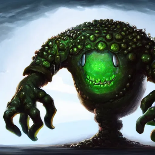 Image similar to a giant cyclops one - eyed cyclops bumpy ball green pea monster with boney arms, lovecraft, trending on artstation, 4 k, video game art, oil painting