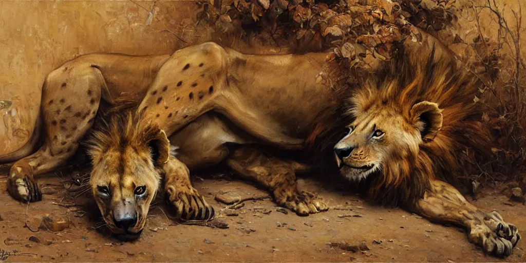 Image similar to an exhausted lion hyena in tshit and jeans. highly detailed painting by gaston bussiere, craig mullins, j. c. leyendecker 8 k