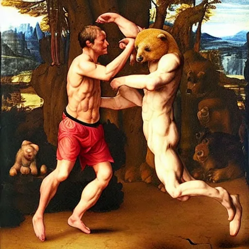 Image similar to vitalik buterin punching a bear in the throat, renaissance painting