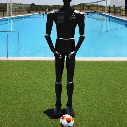 Image similar to a realistic detailed photo of a guy who is an attractive humanoid who is half robot and half humanoid, who is a male android, soccer player martin ødegaard, shiny skin, posing like a statue, blank stare, by the pool, on display, showing off his muscles, humanoid robot, frozen ice statue