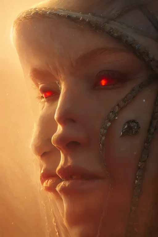 Image similar to closeup realistic portrait of a female necromancer, backlit, oil painting, concept art, filip hodas, john howe, mike winkelmann, jessica rossier, andreas rocha, bruce pennington, albert bierstadt, 4 k