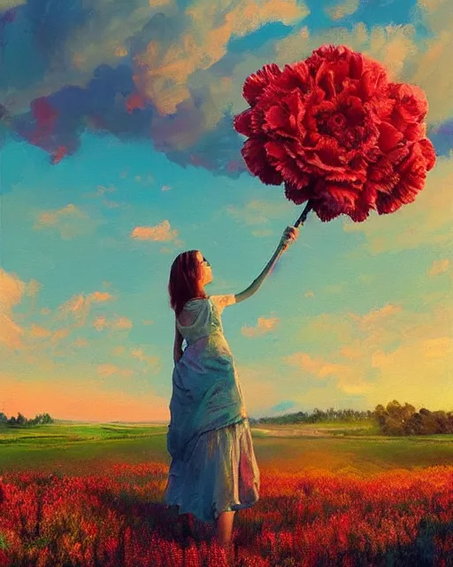 Image similar to girl with a giant carnation head, surreal photography, flower field, sunset dramatic light, impressionist painting, colorful clouds, blue sky, digital painting, artstation, simon stalenhag