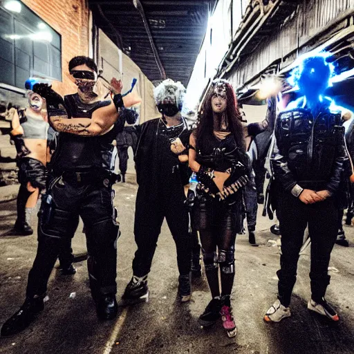 Prompt: cyberpunk ravers defending a warehouse from police robots at night