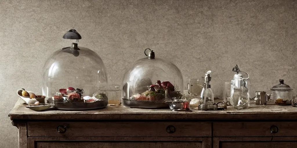 Prompt: ( ( ( ( ( clear glass cloche, on an antique dresser table top, metal kitchen utensils, old kitchen backdrop angled view, dark kitchen backdrop, dark kitchen ) ) ) ) ) style by peter lippmann!!!!!!!!!!!!!!!!!!!!!!!!!!! intricate detail,