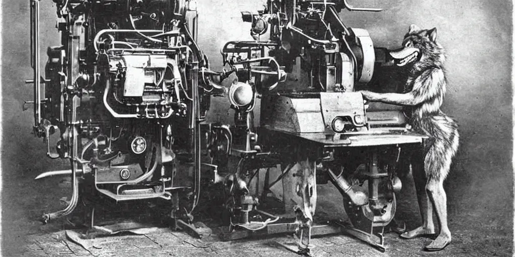 Image similar to anthropomorphic furry wolf controlling an obscure machine that has been lost to time, 1900s photograph