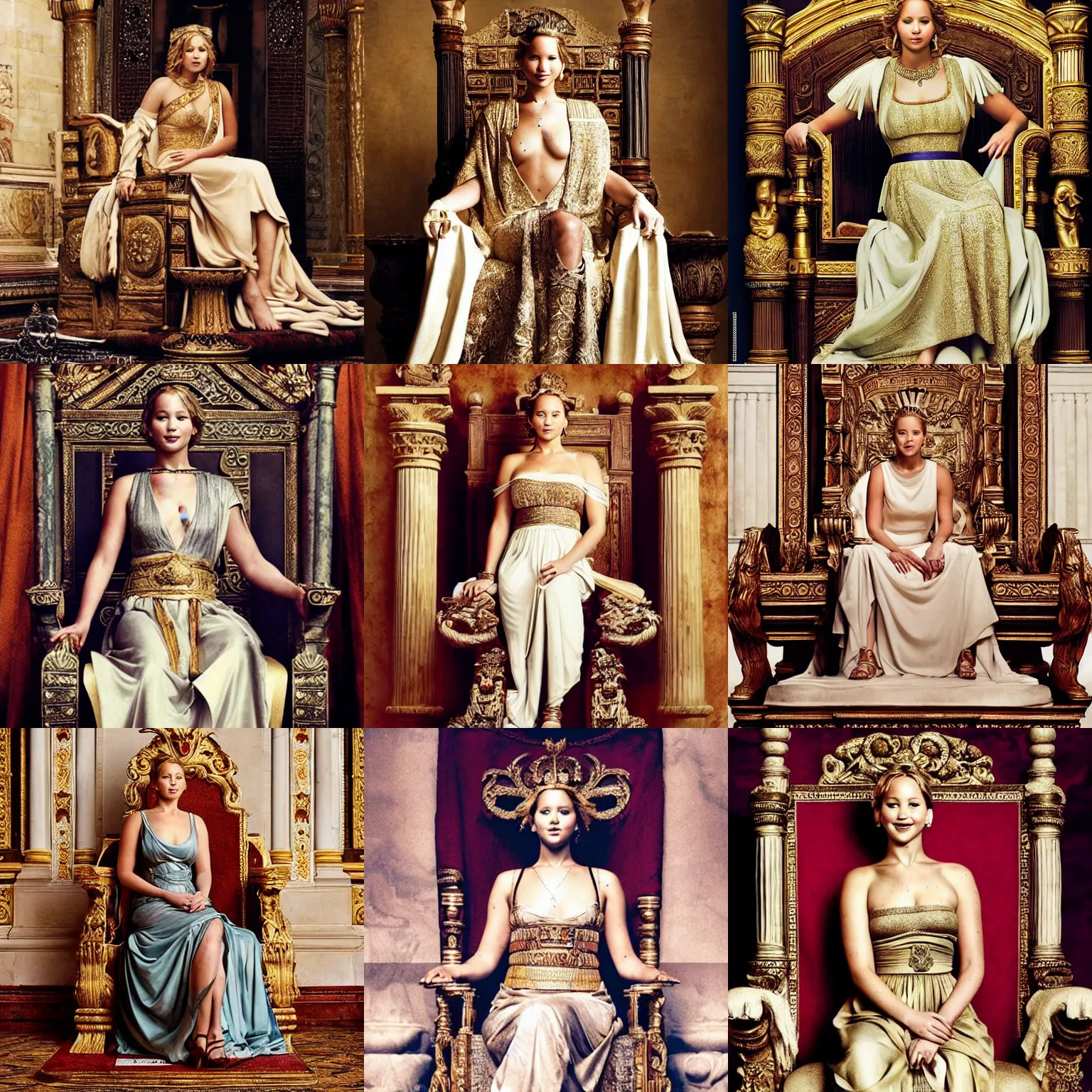 Prompt: Jennifer Lawrence as a Roman Empress, wearing a toga and sandals, smiling confidently, sitting on a throne, ornate, lavish, decorated, portrait photography by Annie Leibovitz